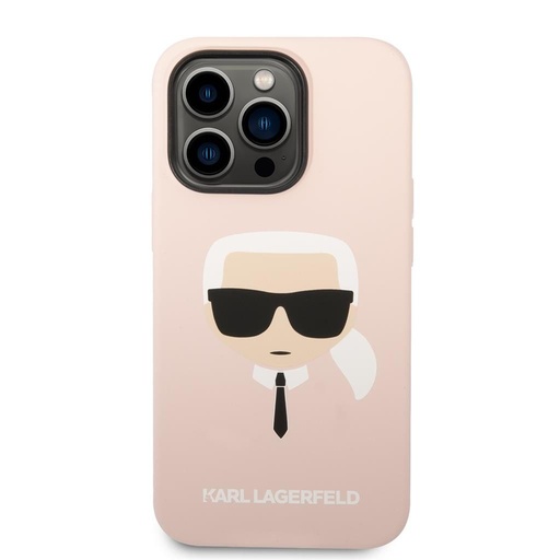 Apple iPhone 14 Pro Max Karl Lagerfeld Liquid Silicone Karl Head tok (Világos rózsaszín) – KLHCP14XSLKHLP