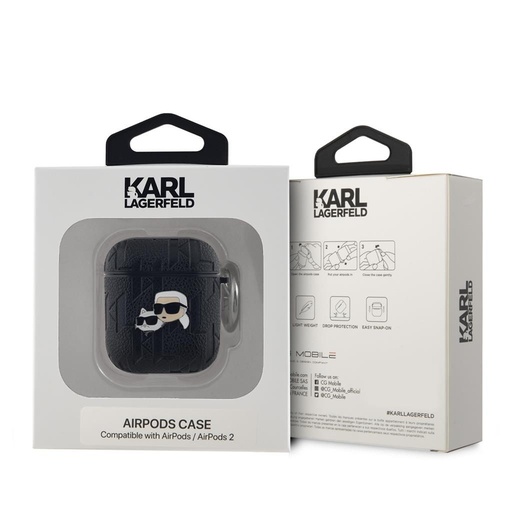 Apple AirPods / AirPods 2 Karl Lagerfeld PU Embossed Karl and Choupette Heads tok (Fekete) - KLA2PGKCPK