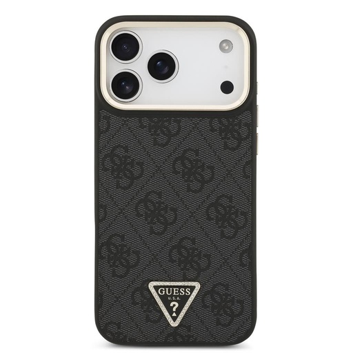Guess PU Leather 4G Strass Triangle Logo Gold Frame MagSafe tok iPhone 17 Pro Max (Fekete)