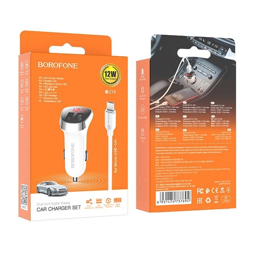 Borofone BZ15 autós töltő (2 USB port, microUSB kábel), LED állapotjelző, 5V 2,4A, fehér