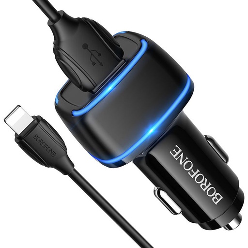 Borofone BZ14 autós töltő (2 USB port, lightning kábel), 5V 2,4A, fekete