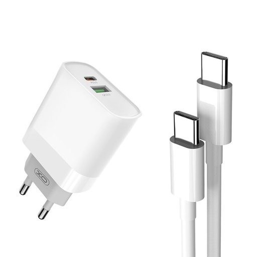 XO L64 PD 20W gyorstöltő (Fehér) – PD 20W + QC 3.0, USB-A + USB-C csatlakozó, Lightning kábellel