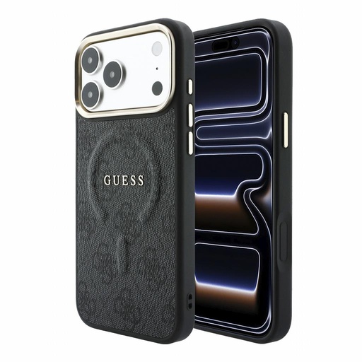 Apple iPhone 18 Pro Max Guess Leather 4G Gold Frame Embossed MagSafe bőr védőtok (Fekete) (GUHMP18XP4MSEGCK)