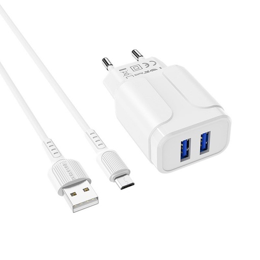 Borofone BA37A hálózati töltő (2 USB port), lightning kábel, 5V 2,4A, fehér