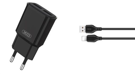 XO L92C 2.4A töltő (Fekete) – dupla USB csatlakozó, Lightning kábellel