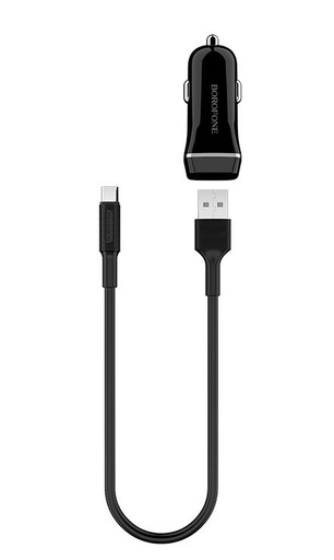 Borofone BZ2 autós töltő (2 USB, type-C kábel), 5V 2,4A, fekete
