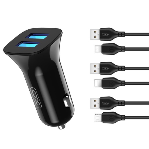 XO TZ10 autós töltő (Fekete) – 2×USB, Lightning kábel, dual port, 12W