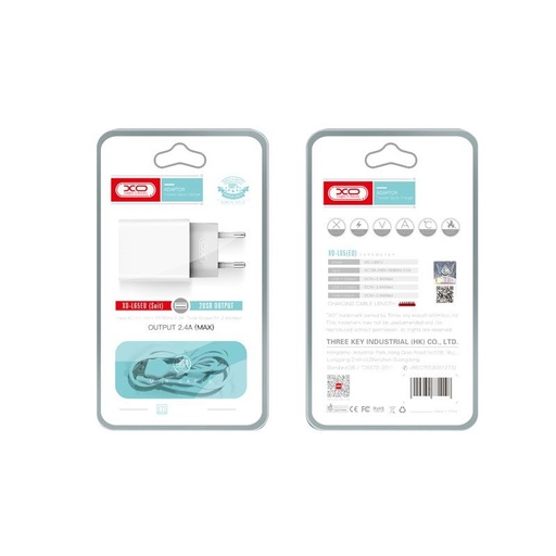 XO L65 2.4A töltő (Fehér) – dupla USB csatlakozó, Lightning kábellel