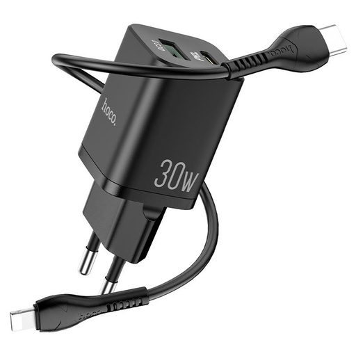 Hoco N13 hálózati gyorstöltő (QC + PD csatlakozó) PD lightning kábel, PD 30W + QC 3.0, fekete