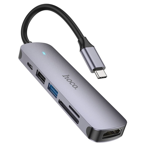 Hoco HB28 HUB aluminium Type-C hub, HDMI + Type-C PD + USB3.0 + USB2.0 + SD + TF, 4K 30Hz támogatás, akár 60W (20V / 3A) töltés,