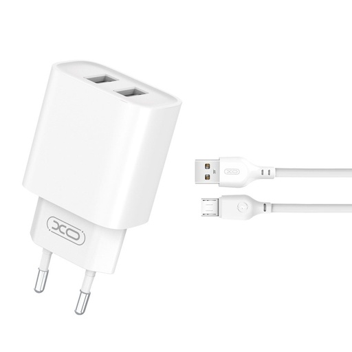 XO CE02C dupla USB töltő (Fehér) – micro USB kábellel