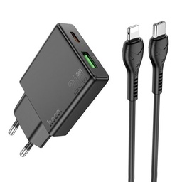 Hoco N38 gyorstöltő adapter USB-A/Type-C csatlakozással (PD20W teljesítménnyel) , Type-C-Lightning kábellel fekete